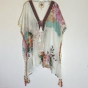 Z&L Top Womens Large White Floral Kimono Art to Wear Cover Up Pom Poms Lace Boho